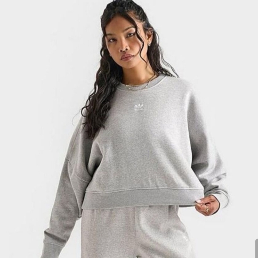 Adidas Center Logo Crewneck Sweatshirt Cropped Grey Size 1X Fleece Lined
